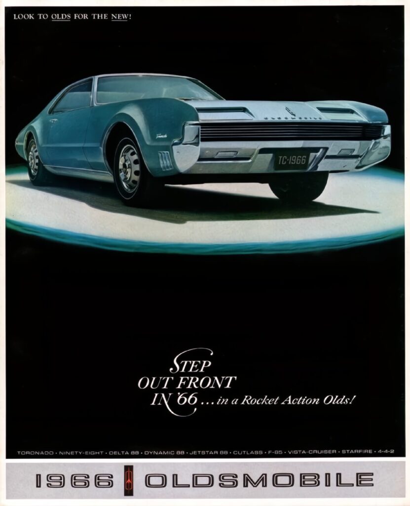 thumbnail of 1966 Marke Oldsmobile – Modell – Step Out Front in ’66…in a Rocket Action Olds! Broschüre. USA, 9-1965- Sprache ENG